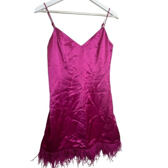 Cami NYC Roxanne Feather Trimmed Barbie Core Satin Slip Dress in Magnolia - Picture 8 of 16